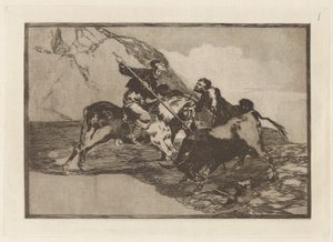 Modo con que los antiguos Españoles cazaban los toros ? caballo en el campo (The Way in which the Ancient Spaniards Hunted Bulls on Horseback in the Open Country), Plate 1 from La tauromaquia