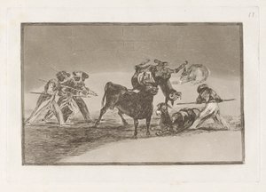 Palenque de los moros hecho con burros para defenderse del toro embolado, Lámina 17 de La tauromaquia de Francisco de Goya