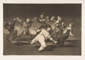 Placa 12 de los Disparates: Si Marion va a bailar, entonces ella tiene..., ca. 1816-23 publicado 1864 de Francisco de Goya