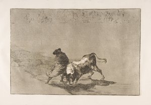 Placa 14 de la Tauromaquia: El muy hábil estudiante de Falces, envuelto en su capa, 1816