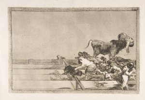 Placa 21 de la Tauromaquia: Acontecimientos terribles en las primeras filas del ruedo en Madrid, 1816 de Francisco de Goya