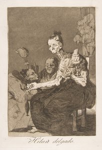Placa 44 de Los Caprichos: Hilan delgado, 1799 de Francisco de Goya