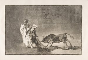 Placa 6 de La Tauromaquia: Los moros hacen una jugada diferente en el ruedo llamando al toro, 1816 de Francisco de Goya