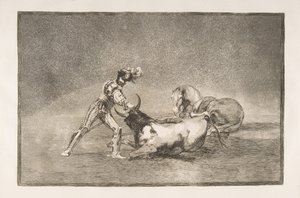 Placa 9 de la Tauromaquia: Un caballero español mata al toro después de haber perdido su caballo de Francisco de Goya