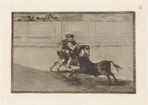 Un caballero español en plaza quebrando rejoncillos sin auxilio de los chulos (Un caballero español montado en el ring rompiendo lanzas cortas sin la ayuda de asistentes), Lámina 13 de La tauromaquia
