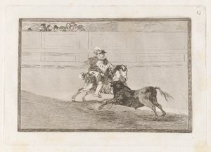 Un caballero español en plaza quebrando rejoncillos sin auxilio de los chulos (Un caballero español montado en el ring rompiendo lanzas cortas sin la ayuda de asistentes), Lámina 13 de La tauromaquia de Francisco de Goya