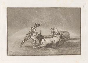 Un caballero español mata un toro despues de haber perdido el caballo (A Spanish Knight Kills the Bull after Having Lost his Horse), Plate 9 from La tauromaquia de Francisco de Goya