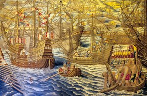 Los barcos y la barcaza - Detalle del conquete de Túnez (Túnez) - Tapiz de Francisco y Cornelius Van der Ggot (siglo XVIII), tejido en la fábrica real de tapices, a mediados del siglo XVIII, según el tapiz del siglo XVI de Willem de Pannemaker - (Tun