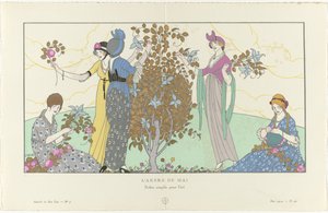 Gazette du Bon Ton, 1914 - No. 5, Pl. 42: El árbol de mayo / Vestidos sencillos para el verano (título sobre objeto) de Francisco Javier Gosé