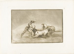 Un caballero español mata al toro después de haber perdido su caballo, lámina nueve de El arte de la tauromaquia de Francisco Jose de Goya y Lucientes