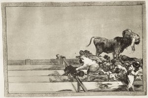 GOYA Y LUCIENTES, Francisco de (1746-1828). Espantosos sucesos en las primeras filas del ruedo de Madrid y muerte del alcalde de Torrejón en 1801. 1816. Lámina 21 de "El arte de torear". Aguafuerte. ESPAÑA. MADRID (COMUNIDAD AUTÓNOMA). Madrid. Nacional de Francisco Jose de Goya y Lucientes