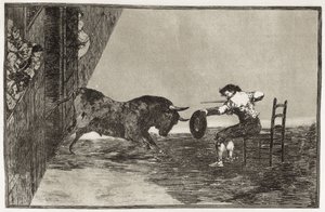 GOYA Y LUCIENTES, Francisco de (1746-1828). El atrevimiento de Martincho (probablemente Antonio Ebassum) en el ruedo de Zaragoza. 1816. (24,9 x 35,7 cm). Lámina 18 de "El arte de torear". Aguafuerte. ESPAÑA. MADRID (COMUNIDAD AUTÓNOMA). Madrid. Biblioteca  de Francisco Jose de Goya y Lucientes