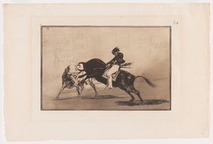 Placa 24 de La Tauromaquia: El mismo Ceballos montado en otro toro rompe lanzas cortas en el ruedo de Madrid de Francisco Jose de Goya y Lucientes