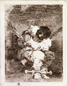Prisionero encadenado sentado - La seguridad es tan bárbara como el crimen. (Grabado) de Francisco de Goya