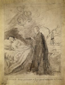 Saint Francois (Francis) Borgia (1510-1578) junto al lecho de un moribundo impenitente. Dibujo 1788, de Francisco de Goya y Lucientes (1746-1828). Boceto para el cuadro del mismo título encargado por la familia Ausuna. Museo del Prado, Madrid.