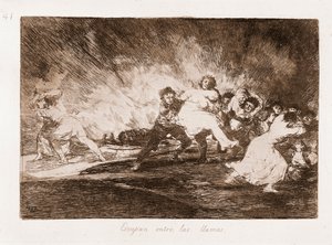 Los desastres de la guerra: Huyen a través de las llamas (aguafuerte de un dibujo) de Francisco de Goya