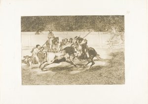 El enérgico Rendón apuñala a un toro con la pica, de la cual murió en el ruedo en Madrid, placa 28 de El arte de la tauromaquia de Francisco Jose de Goya y Lucientes