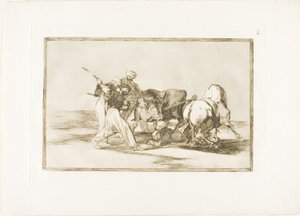 Los moros se establecieron en España, abandonando las supersticiones del Corán, adoptaron este arte de caza y lanzan una lanza a un toro en campo abierto, placa tres de El arte de la tauromaquia de Francisco Jose de Goya y Lucientes