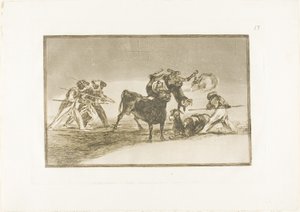 Los moros usan burros como barrera para defenderse del toro cuyos cuernos han sido cubiertos con bolas, placa 17 de El arte de la tauromaquia de Francisco Jose de Goya y Lucientes