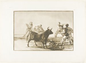 La chusma desjarreta al toro con lanzas, hoces, banderillas y otras armas, lámina doce de El arte del toreo de Francisco Jose de Goya y Lucientes