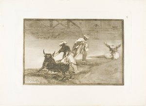 Juegan otro con la capa en un recinto, lámina cuatro de El arte de la tauromaquia de Francisco Jose de Goya y Lucientes