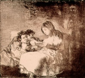 ""Una mujer lee un cuento a dos niños"" Litografía de Francisco de Goya y Lucientes (1746-1828). 1819-1822. Madrid. Biblioteca Nacional de Francisco Jose de Goya y Lucientes