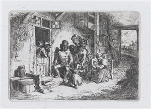 Placa 10: dos figuras bailando, otra sentada tocando un tambor, de la serie de costumbres ..., 1850 de Francisco Lameyer Berenguer
