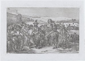 Placa 14: un gran grupo de personas al aire libre, posiblemente una compañía de actores, de la serie, 1850 de Francisco Lameyer Berenguer