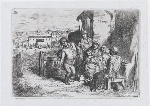 Plato 16: un grupo de personas al aire libre, incluyendo un hombre vertiendo vino o agua de un recipiente de Francisco Lameyer Berenguer