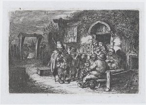 Placa 18: músicos callejeros y otras figuras fuera de una taberna, de la serie de costumbres..., 1850