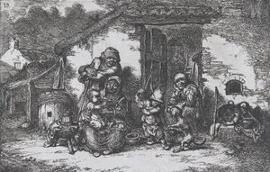 Placa 19: una familia y un niño jugando con un perro fuera de una casa, de la serie de costumbres, 1850 de Francisco Lameyer Berenguer