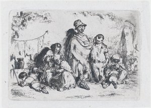 Placa 2: un grupo de personas en la calle, posiblemente mendigos, de la serie de costumbres y..., 1850 de Francisco Lameyer Berenguer