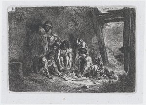 Placa 8: un grupo de figuras, algunos de los cuales están jugando un juego, de la serie de costumbres, 1850 de Francisco Lameyer Berenguer