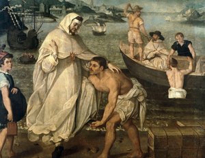 San Pedro Nolasco (1189-1256) se embarca para liberar a los cautivos cristianos retenidos como rehenes por piratas moros para ser vendidos como esclavos en África (pintura) de Francisco Pacheco