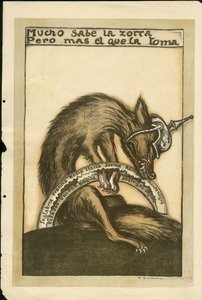 Ilustración de Francisco Sancha Lengo - Hoja volante, ca. 1915 - Mucho sabe la zorra pero mal el que la toma - Guerra de 14-18, Alemania Prusia, Beligerantes y Símbolos, Aliados, Idioma español, Prensa extranjera - Zorro -, Obstrucción, Animación de Francisco Sancha y Lengo