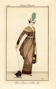 Mujer con vestido de panier en satén color café con perro, grabado del Journal des Dames et des Modes de Tommaso Antongini, Aux Bureaux du Journal des Dames, París de Francesc Xavier Gosé