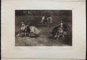 Corridas de toros: Un torero montado en los hombros de un asistente, lanceando un toro, 1876 de Francisco de Goya