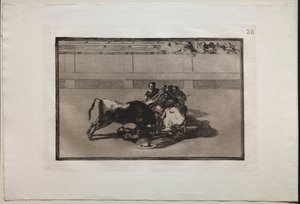 Corridas de toros: Un picador es desmontado y cae bajo el toro de Francisco de Goya