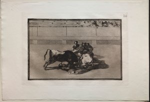 Corridas de toros: Un picador es desmontado y cae bajo el toro, 1876 de Francisco de Goya