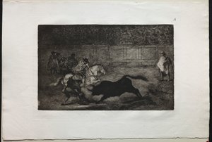 Corridas de toros: Un caballero español montado rompiendo lanzas cortas con la ayuda de asistentes de Francisco de Goya