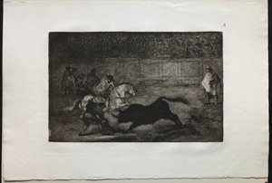 Corridas de toros: Un caballero español montado rompiendo lanzas cortas con la ayuda de asistentes, 1876 de Francisco de Goya