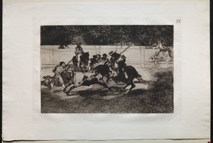 Corridas de toros: El enérgico Rendón apuñala a un toro con la pica, de la cual murió en el ruedo de Madrid de Francisco de Goya