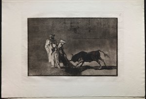 Corridas de toros: Los moros hacen un juego diferente en el ruedo llamando al toro con el burnous de Francisco de Goya