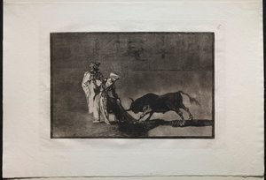 Corridas de toros: Los moros hacen un juego diferente en el ruedo llamando al toro con el burnous, 1876 de Francisco de Goya