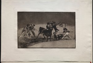 Corridas de toros: Los moros usan burros como barrera para defenderse del toro cuyos cuernos han sido cubiertos con bolas de Francisco de Goya