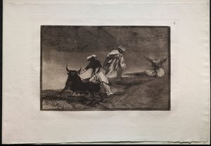 Corridas de toros: Juegan con otro con la capa en un recinto, 1876