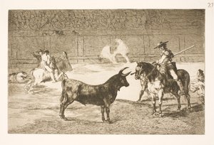 El celebrado picador, Fernando del Toro, provoca al toro bravo con su lanza de Francisco de Goya