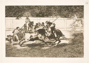 El poderoso Rendon embiste a un toro con la lanza, el incidente que causó su muerte en la arena de Madrid de Francisco de Goya