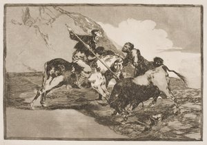La manera en que los antiguos españoles a caballo cazaban toros en la llanura de Francisco de Goya