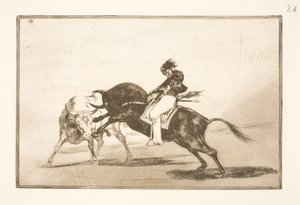 El mismo Ceballos, sentado sobre otro toro, rompe lanzas cortas en la arena de Madrid de Francisco de Goya